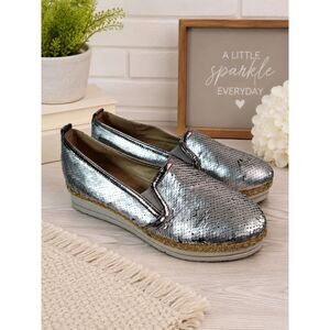 Moca Silver Sequin Slip On Shoes Womens 7.5 Platform Espadrille Loafers Metallic